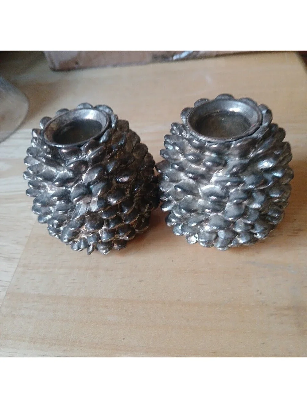 Metal Silver Plate Set Pair PineCone Taper Candle Holders Fall Christmas Decor